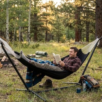 Homme rigole avec lecture dans Hamac sur pied