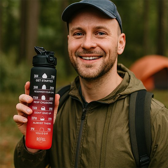 homme souriant devant sa gourde plastique  rouge et noir gradué