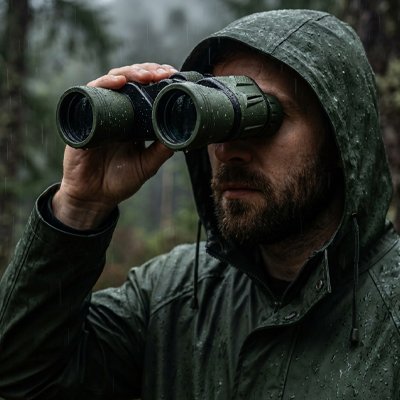 Homme sous la pluie  avec Jumelles 