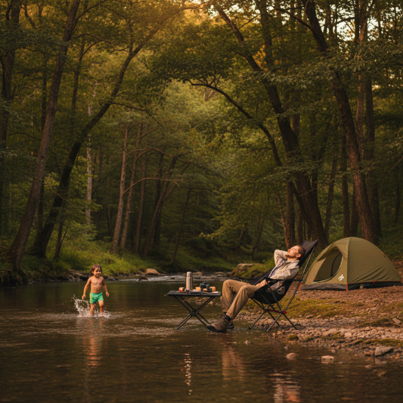 Homme sur chaise de camping dossier long se repose et enfant dans ruisseau