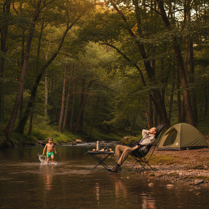 Homme sur chaise de camping dossier long se repose et enfant dans ruisseau