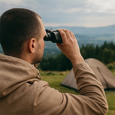 Homme sur colline regardant au loin avec Jumelle