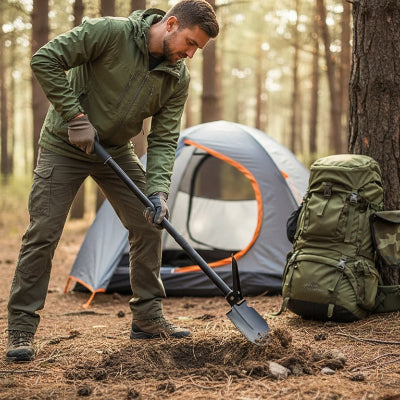 homme utilise pelle du kit de survie portable pour creuser