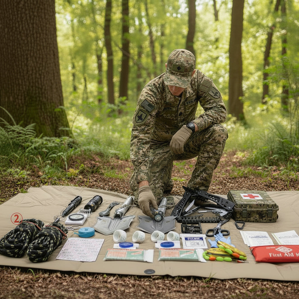 Homme vérifie son kit de survie