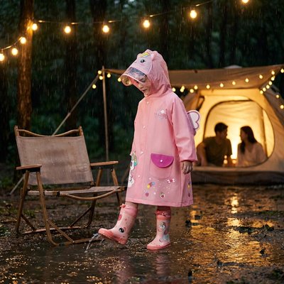Jeune fille marche avec Poncho pluie 