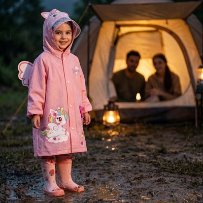 jeune fille sortant de la tente avec Poncho pluie 