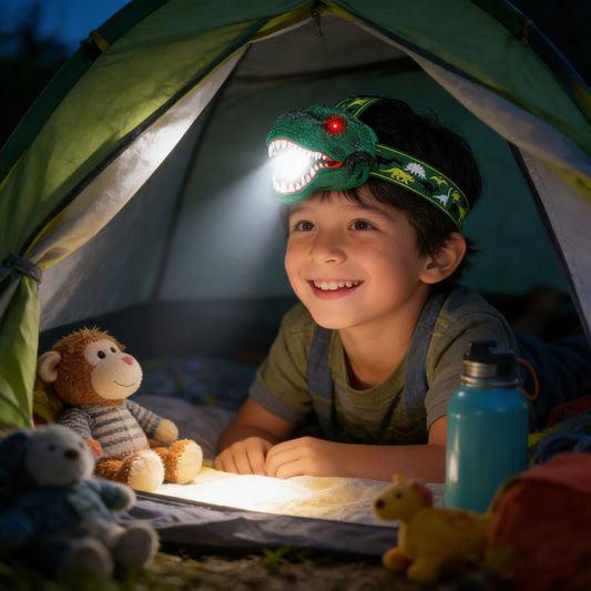 jeune garçon avec lampe frontale dinosaure lisant un conte