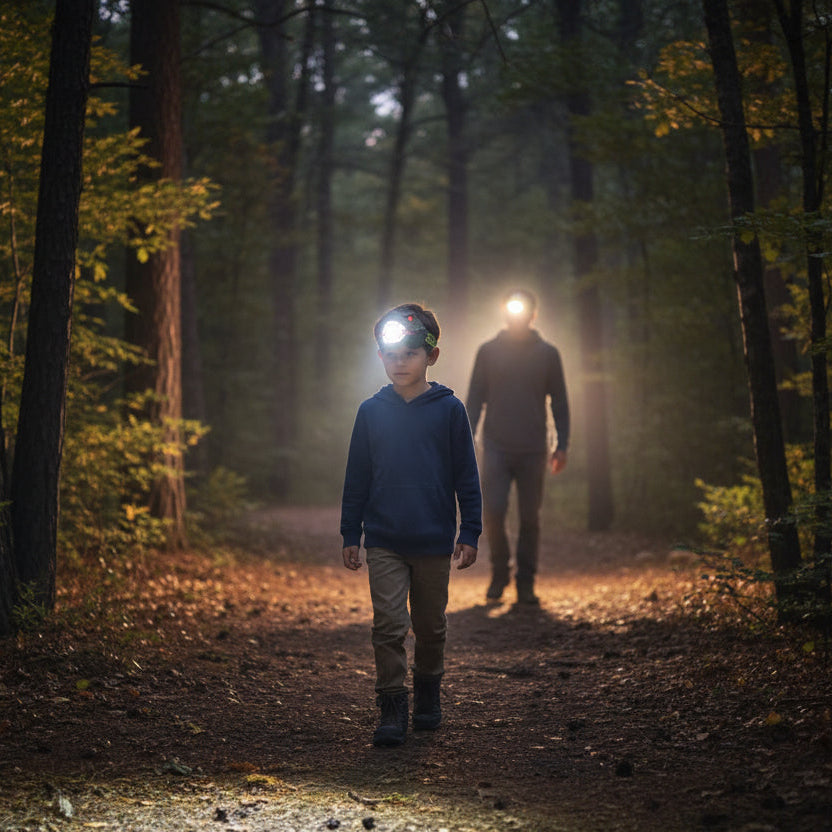 jeunes garçon avec lampe frontale T-Rex suivie de son père explore le sentier