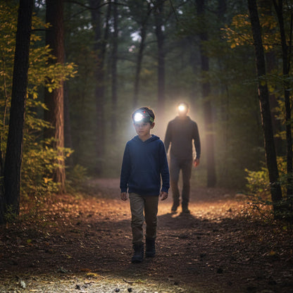 jeunes garçon avec lampe frontale T-Rex suivie de son père explore le sentier