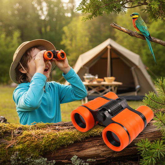 Jumelle orange enfant regarde oiseau