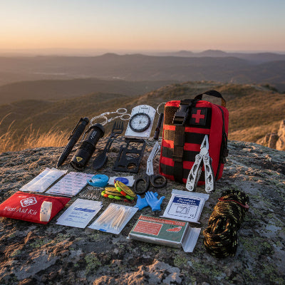kit de survie secours tactique rouge sur colline