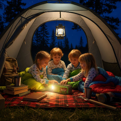 Lampe de poche multifonction vert dans une tente avec enfants