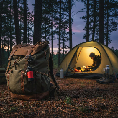 Lampe de poche rechargeable sur sac a dos dans un campement