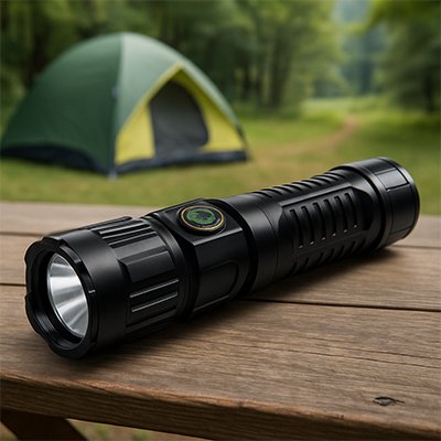 Lampe de poche sur table de camping