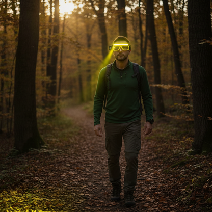 lampe frontale sur homme dans un sentier de randonnée