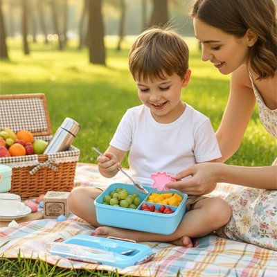 Lunch box enfant pratique et ludique garçon avec maman en pique nique