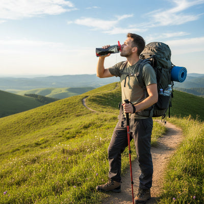 Homme se délatère sur sentier avec gourde flexible noir