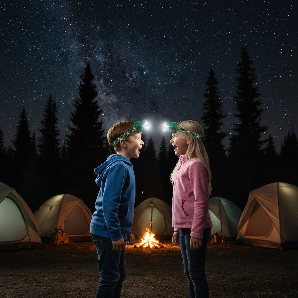 Deux jeune enfants avec leur lampe frontale se retrouve face à face dans un camping
