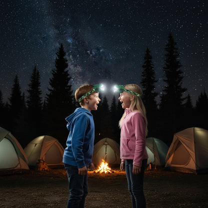 Deux jeune enfants avec leur lampe frontale se retrouve face à face dans un camping
