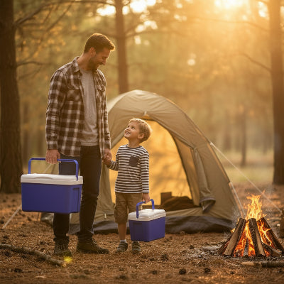 Père avec fils au camping avec chacun sa glacière