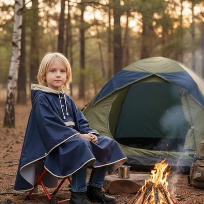 Poncho enfant​ bleu marin assis près d'un feu