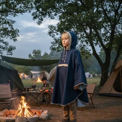 Poncho enfant​ bleu marin près d'un feu 