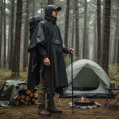 Poncho pluie avec Homme dans camping 