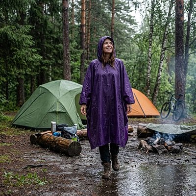 Poncho pluie Vilolet femme marche dans camping 