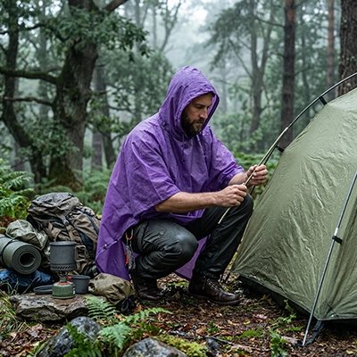 Poncho pluie Violet homme installe tente