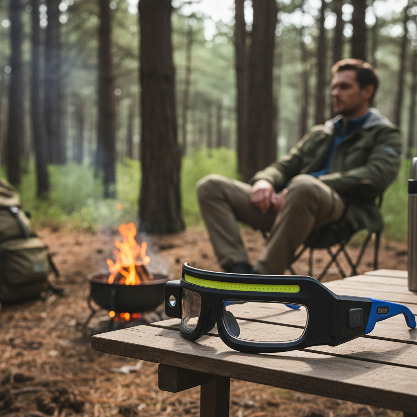 présentation de la lampe frontale noir et bleu dans un camping
