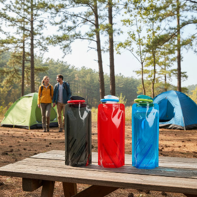 Présentation gourde flexible sur table dans camping