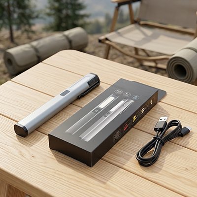 Présentation Lampe de poche rechargeable sur table de camping