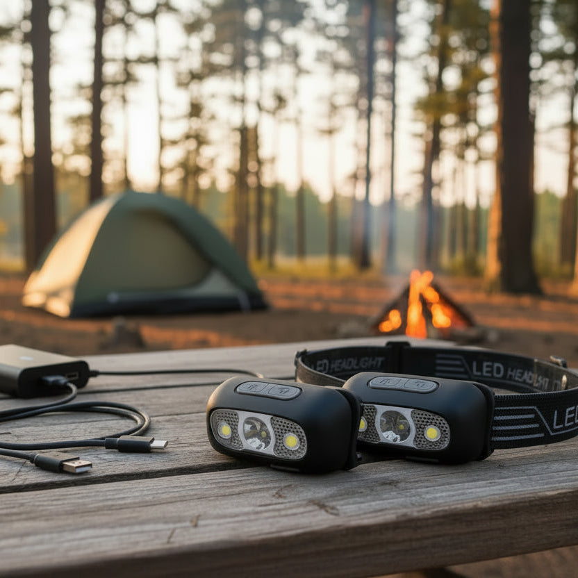 présentation lampe frontale avec port usb sur table de camping 