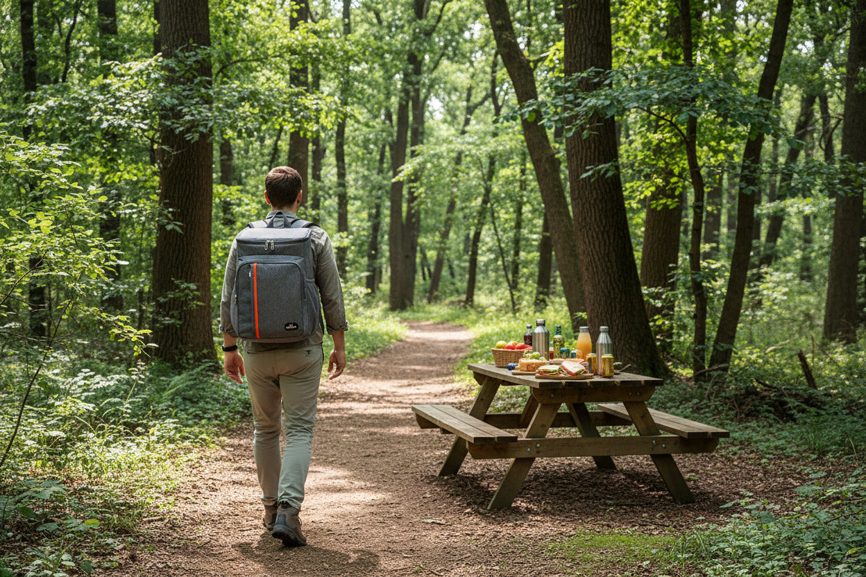 randonneur avec sac a dos isotherme pour pique nique sur le sentier