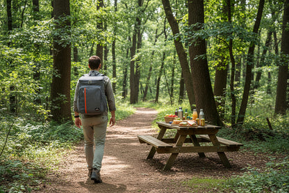 randonneur avec sac a dos isotherme pour pique nique sur le sentier
