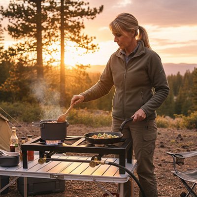 Réchaud à gaz 2 feux femme prépare 2 plats en même temps