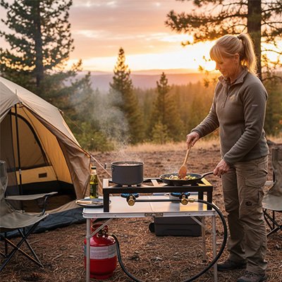 Réchaud à gaz 2 feux femme prépare repas 