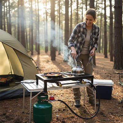 Réchaud à gaz 2 feux sur table femme cuisine le petit déjeuner