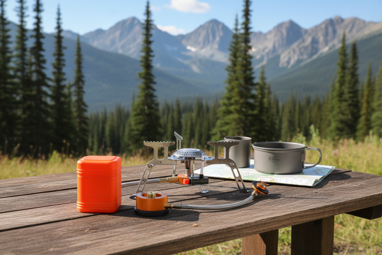  réchaud a gaz camping  contenant de rangement connecteur metal