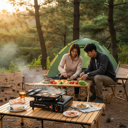 réchaud à gaz en fonction sur table de camping