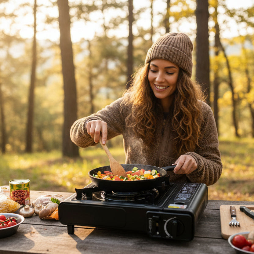 Réchaud à gaz extérieur  noir femme cuisinant son repas
