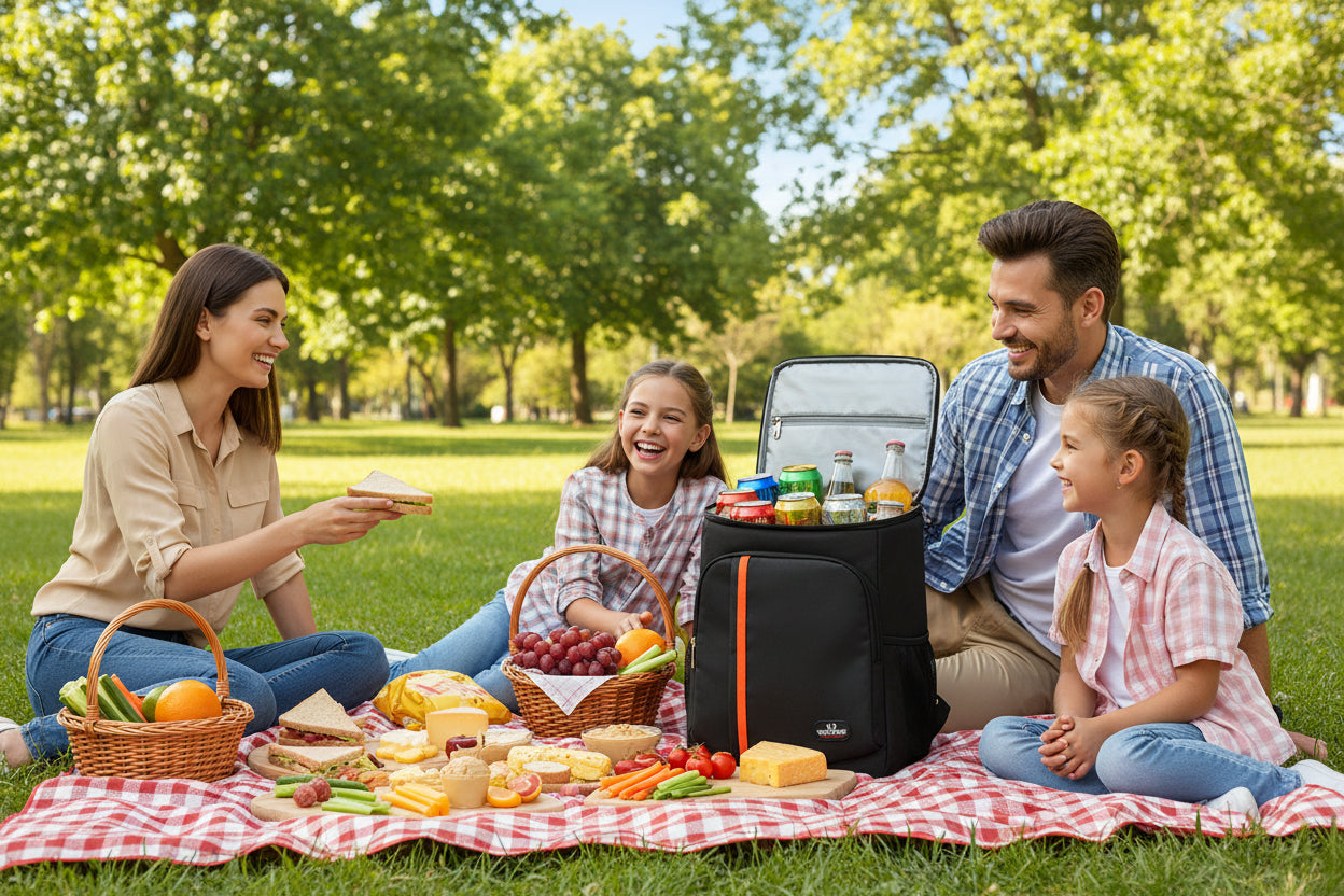 sac à dos isotherme avec famille dans un parc pour repas
