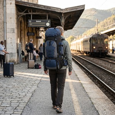 Sac à dos pour randonnée homme prend le train pour aller vers sa randonnée