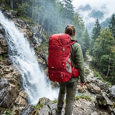 Sac à dos pour randonnée rouge homme pres cascade