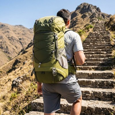 Sac à dos pour randonnée vert avec homme montant une escalier de montagne