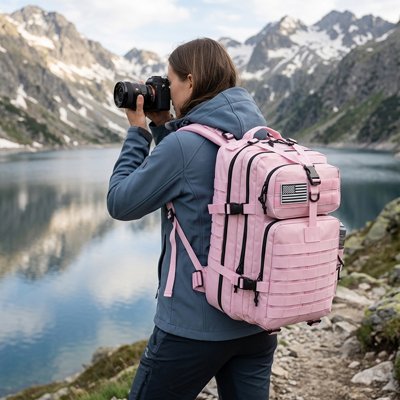Sac à dos randonnée femme prend photo dans sa randonnée 
