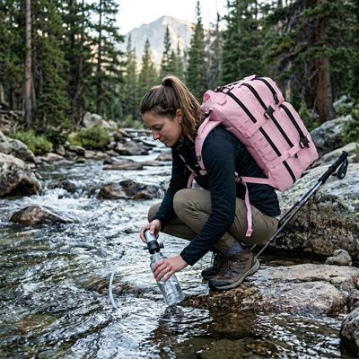 Sac à dos randonnée femme rose femme traversant un ruisseau