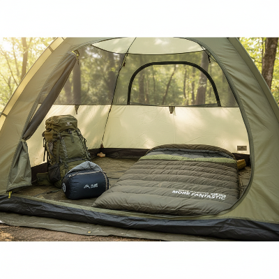 sac de couchage 2 personnes avec sac de rangement dans une tente