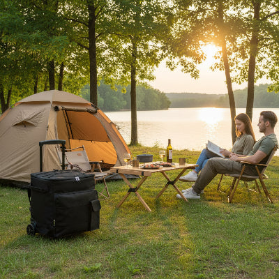 Sac isotherme dans campement avec couple devant table pour repas