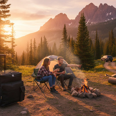 Sac isotherme noir dans un campement montagneux avec couple au coucher du soleil
